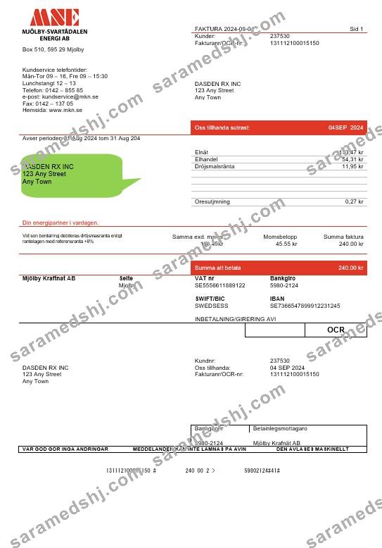 Sweden Mjölby Kraftnat AB business utility bill template in Word and PDF formats